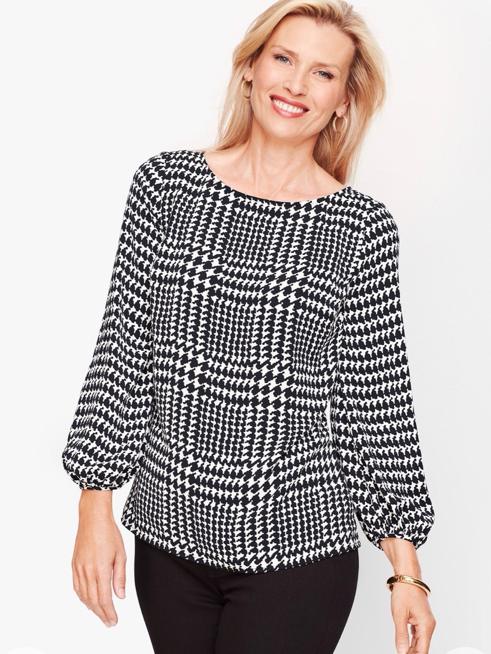 NWT Talbots Poet Sleeve Top Houndstooth Black White Size L